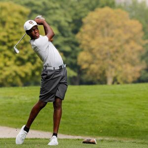 Mount Carmel’s Ahmad Raoul looks on after teeing off during practice at Jackson Park Golf Course.