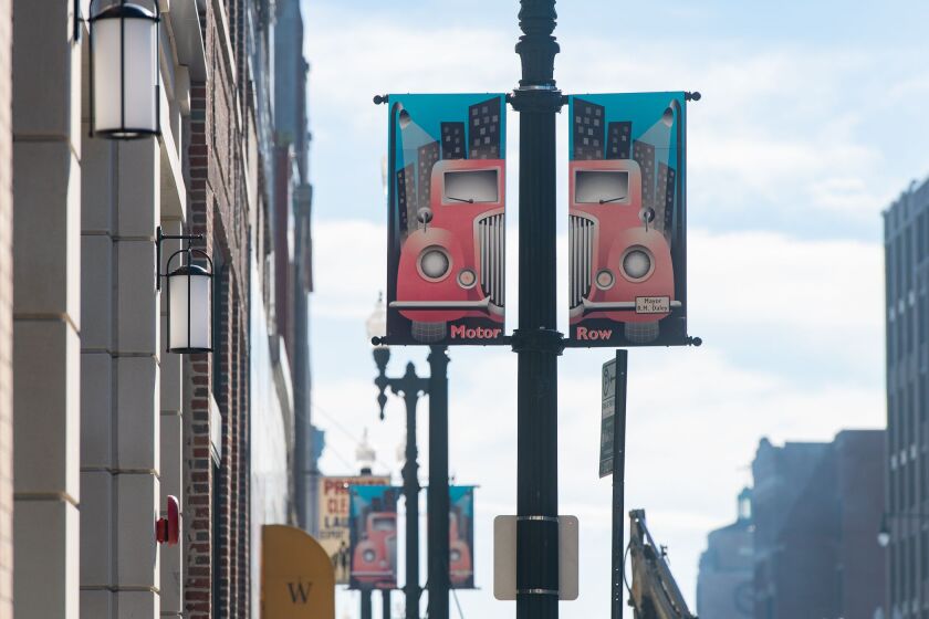 Chicago Motor Row banners that hang on Michigan Ave. on Chicago’s historic Motor Row. | Tyler LaRiviere/Sun-Timesa