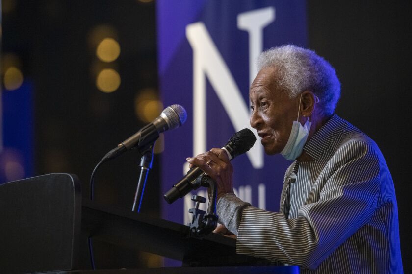 Thelma Wright Edwards, Emmett Till’s cousin, speaks Monday at Northwestern’s Medill School of Journalism, where members of Emmett Till’s family commented on the final investigation report in Till’s murder.