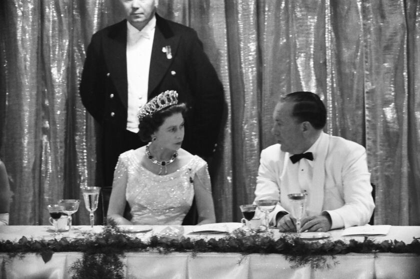 Queen Elizabeth is photographed at a banquet hosted by Mayor Richard Daley at the Conrad Hilton Hotel, 720 S. Michigan, in 1959. 