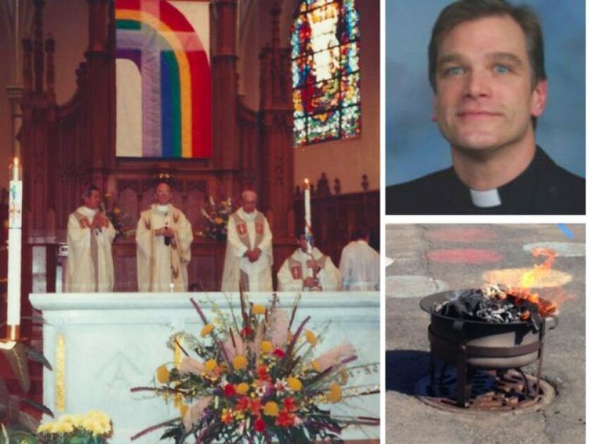 A gay-friendly flag, shown here during a 1991 service at Resurrection Catholic Church, was burned last week by the Rev. Paul Kalchik (upper right).
