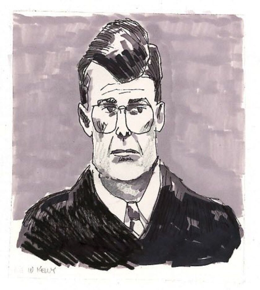 Another courtroom sketch, this one from the “DuPage 7” trial in 1999 showing Judge William Kelly. | Cliff Wirth / Sun-Times