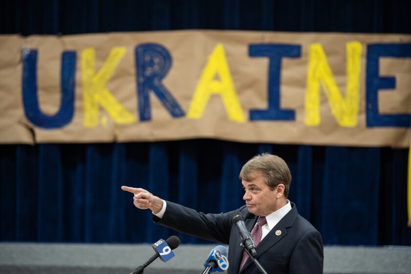 Rep. Mike Quigley, co-chair of the Congressional Ukraine Caucus, speaks to students — many of whom came from Ukraine — at St. Nicholas Cathedral School in Chicago’s Ukrainian Village neighborhood on Oct. 6, 2022.