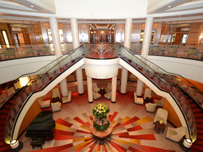 The Queen Mary 2’s Grand Lobby received a major renovation during the ship’s makeover. Rising from Deck 2, it’s one of the hubs of the vessel’s interior areas. | By Gene Sloan, USA TODAY