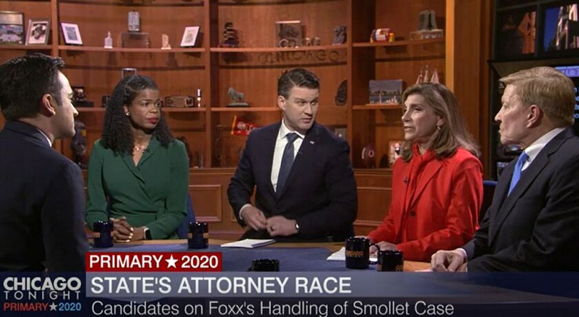 WTTW-TV’s Paris Schutz, left, moderates a debate between, left to right, Cook County State’s Attorney Kim Foxx, Bill Conway, Donna More and Bob Fioretti on Thursday