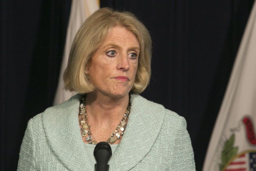Then state Comptroler Leslie Munger holds a press conference in 2015. File Photo. | Ashlee Rezin/for Sun-Times Media