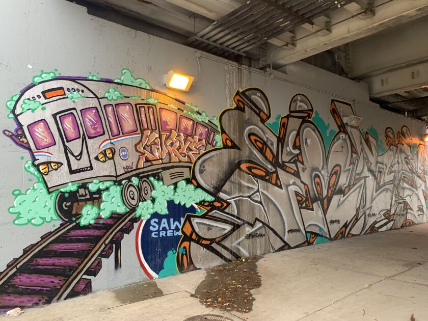 Image of an L-train by artist Curve, next to art by Emte, made on the West Boulevard overpass at 49th Street as part of an August mural event hosted by the artists who pass through Doer and Peas.