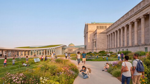 Rendering of a science garden planned for the park space between the addition and the museum building.