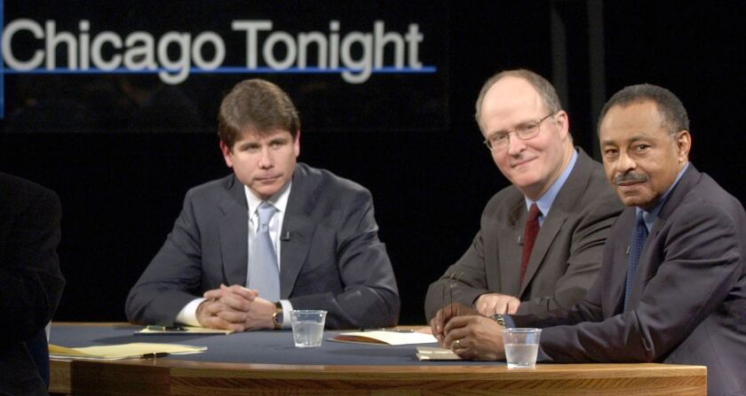 In 2002, Paul Vallas (center) nearly beat eventual governor Rod Blagojevich in the Democratic gubernatorial primary. Here, Vallas prepares to debate Blagojevich (left) and former Illinois Attorney General Roland Burris at WTTW in Chicago that year. | Asso