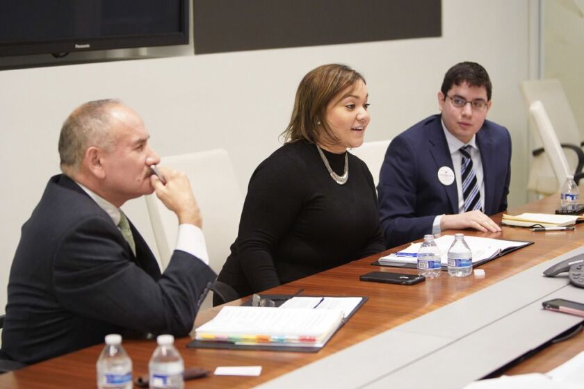 From left, 30th Ward aldermanic candidate and incumbent Ariel E. Reboyras and challengers Jessica W. Gutierrez and Edgar “Edek’ Esparza met with the Sun-Times Editorial Board Friday, January 4, 2019. | Rich Hein/Sun-Times
