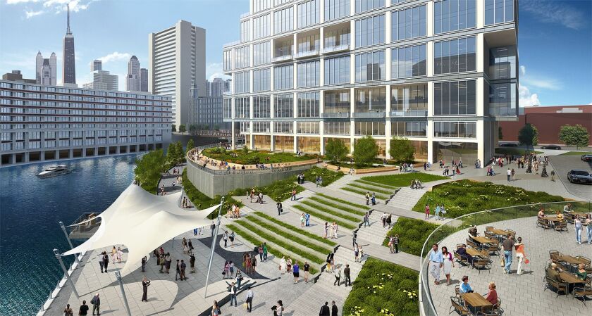 This residential tower along the Chicago River would be joined by three office towers on a 6-acre parcel at 700 W. Chicago Ave., according to the plan by Riverside Investment & Development. | Goettsch Partners