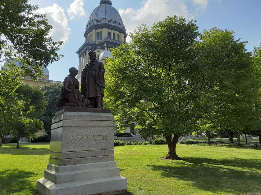 Sculpture of Pierre Menard and an unnamed Native American outside the state Capitol in Springfield.