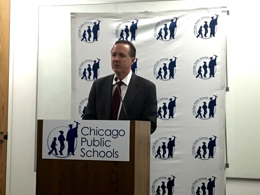 Forrest Claypool, Chicago’s schools chief, speaks Saturday after the Chicago Teachers Union rejected a fact-finder’s contract recommendations. Tina Sfondeles / Sun-Times
