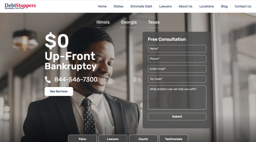 The DebtStoppers.com home page has an image of a consumer with a headline that reads “$0 Up-Front Bankruptcy.”