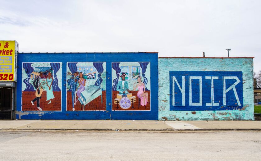 A mural completed in 2012 at 47th Street and Calumet Avenue by Charles Jean-Pierre, titled “Bronzeville Noir,” looks to the blues and jazz traditions of the South Side.