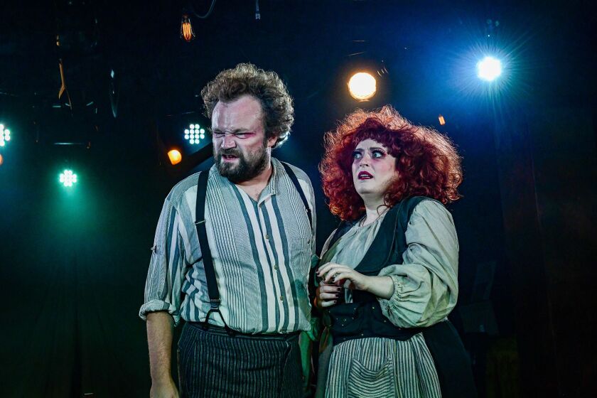Caitlin Jackson and Kevin Webb in Kokandy Productions’ revival of Sweeney Todd: The Demon Barber of Fleet Street at Chopin Theatre. Photo by Evan Hanover