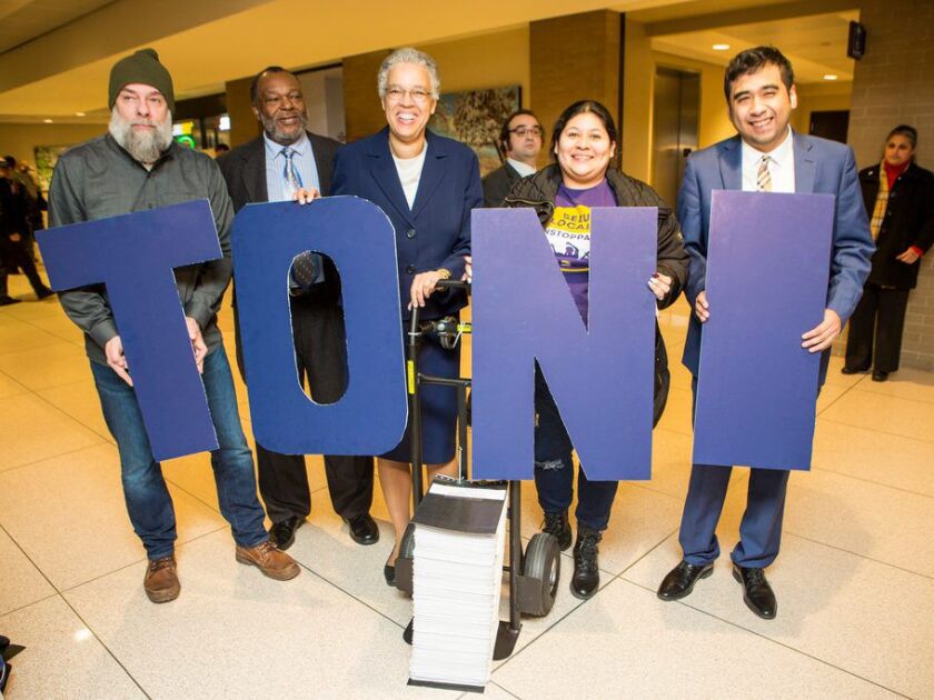 County Board President Toni Preckwinkle with members of her election team and her petition in line for the first day of the filing period for Municipal Elections, Monday, November 19th, 2018. | James Foster/For the Sun-Times