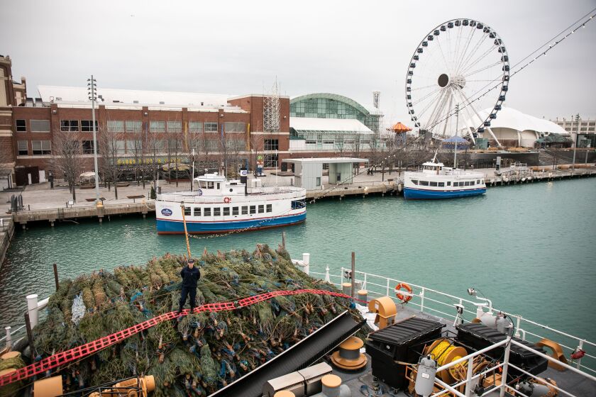 Jeannette Greene, the new commanding officer of the U.S. Coast Guard cutter Mackinaw, stands on a pile of trees on the deck of the ship, which is docked Friday morning at Navy Pier.