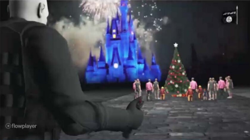 One piece of propaganda allegedly disseminated by Al Safoo depicted an attack on people standing around a Christmas tree near what appears to be “Cinderalla Castle” at Walt Disney World. | U.S. Attorney’s Office.
