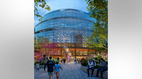 Rendering of the Thompson Center showing artist Sanford Biggers' Vector sculpture in front of the building's main entrance.