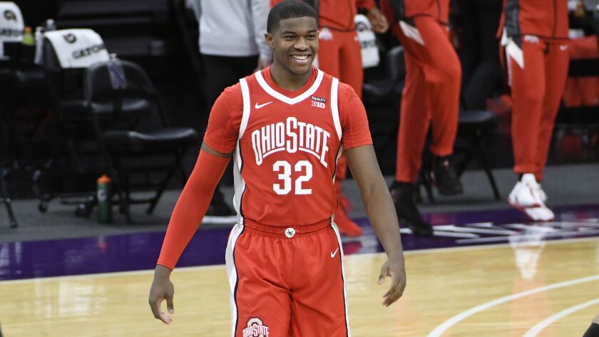 Ohio State forward E.J. Liddell (32) plays against Northwestern during an NCAA college basketball game, Saturday, Dec. 26, 2020, in Evanston, Ill.
