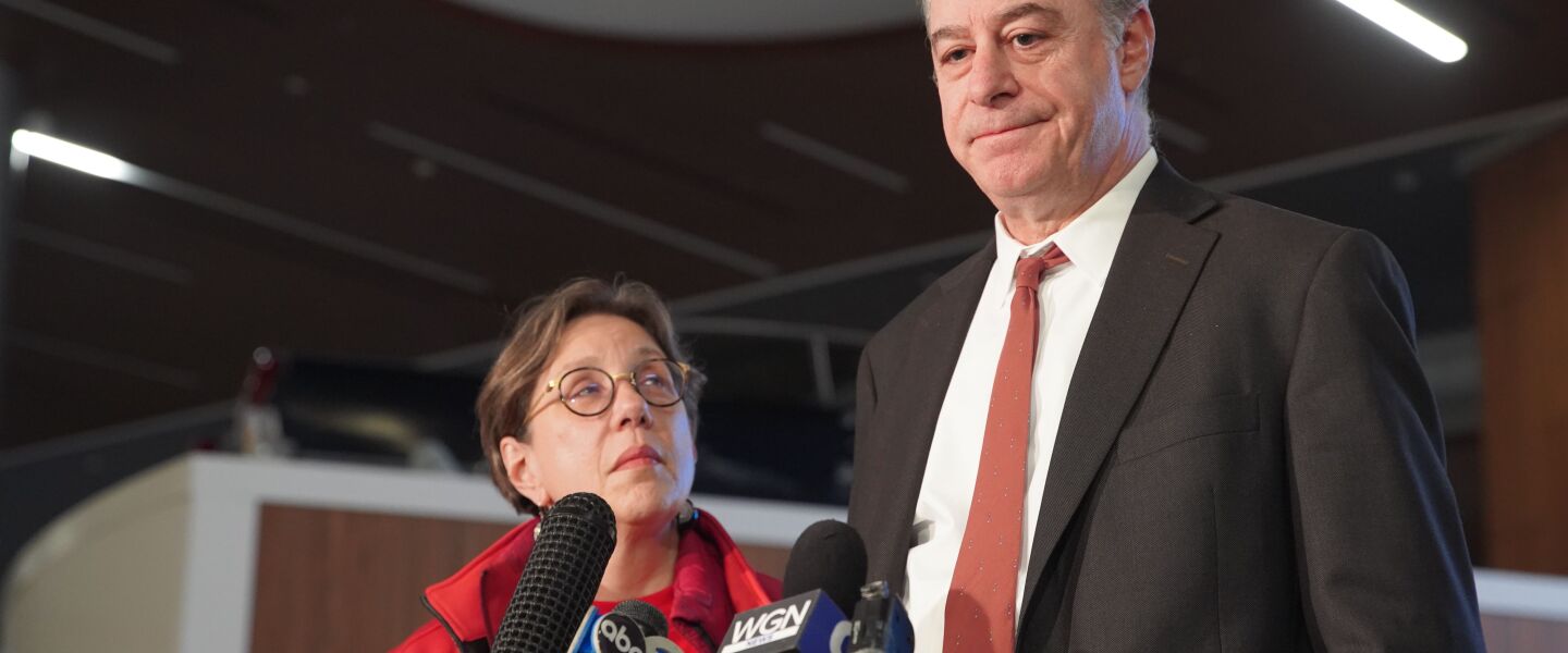 Chicago Teacher Union attorney Robert Bloch and spokeswoman Chris Geovanis address reporters during 2019 negotiations.
