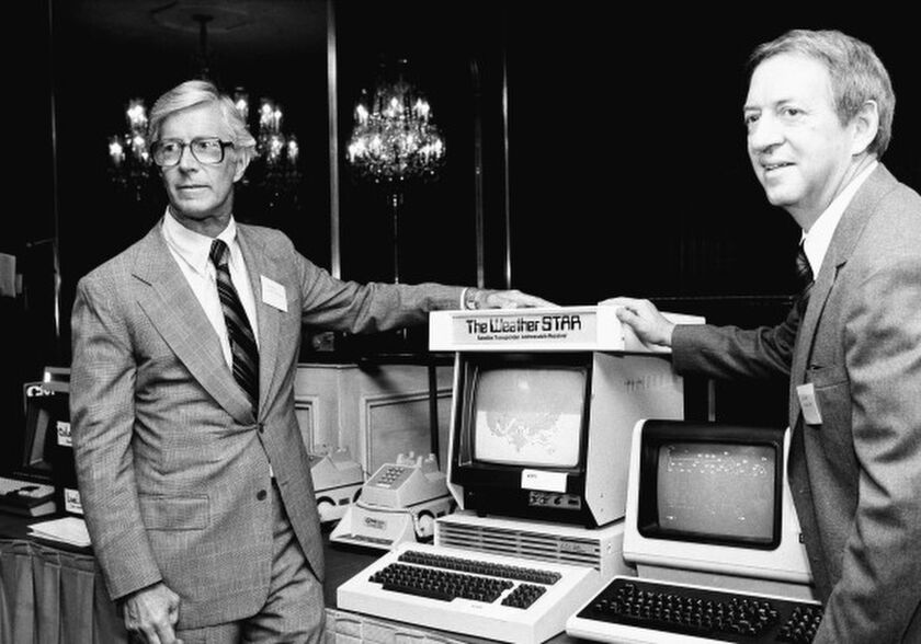 John Coleman (right) appears with fellow Weather Channel founder Frank Batten at a 1981 news conference in New York. | Marty Lederhandler/AP