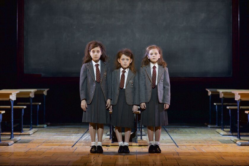 Three young actresses – Savannah Grace Elmer (from left), Sarah McKinley Austin, and Lily Brooks O’Briant – will alternate in the title role of “Matilda The Musical” at the Oriental Theatre. (Photo: Brian Tietz)