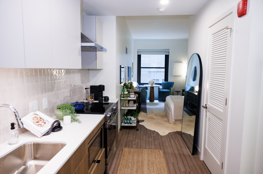 Near the entrance of a studio apartment at 65 E. Wacker Place, with the kitchen counter along the left side of the hallway.