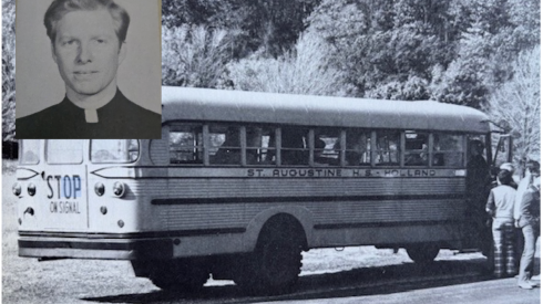 The Rev. Nelson Daniel Rupp, shown in inset from a St. Augustine high school seminary yearbook photo from the 1970s, and a school bus from the priestly training ground.