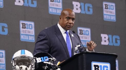 Big Ten Commissioner Kevin Warren talks to reporters Tuesday in Indianapolis.
