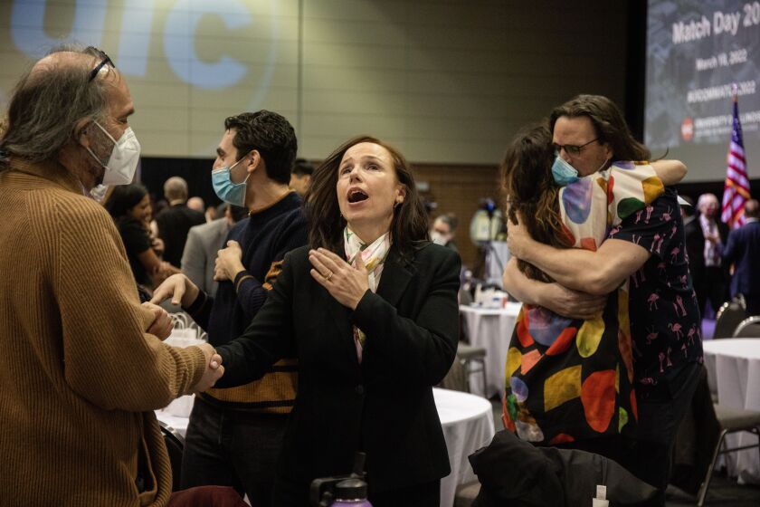 Renee Gough celebrates after daughter Sophie Gough learns she’s been accepted into an internal medicine residency program at Stanford University. Sophie Gough attends the University of Illinois Chicago College of Medicine.