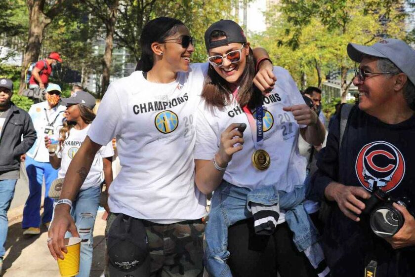 Candace Parker and Stefanie Dolson chat as they approach Pritzker Pavilion for a rally to celebrate the Chicago Sky’s WNBA Championship title.