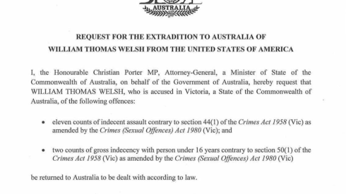 Some of the paperwork that was part of an extradition attempt of William T. Welsh to face child sex charges in Australia.