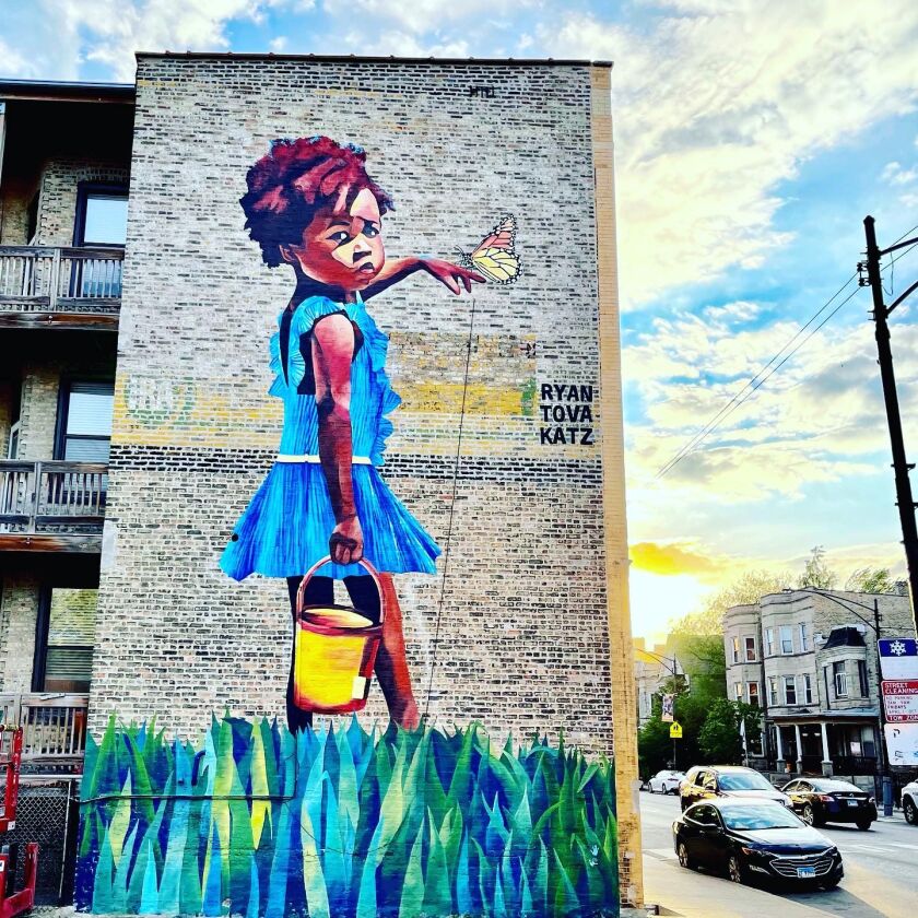 Ryan Tova Katz’s three-story mural “Butterfly Girl” at Irving Park Road and Janssen Avenue, completed in May.