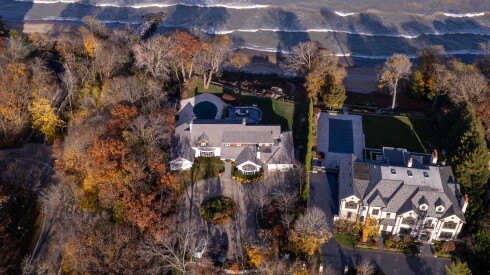 An aerial view of a home (center) located on Sheridan Road Winnetka