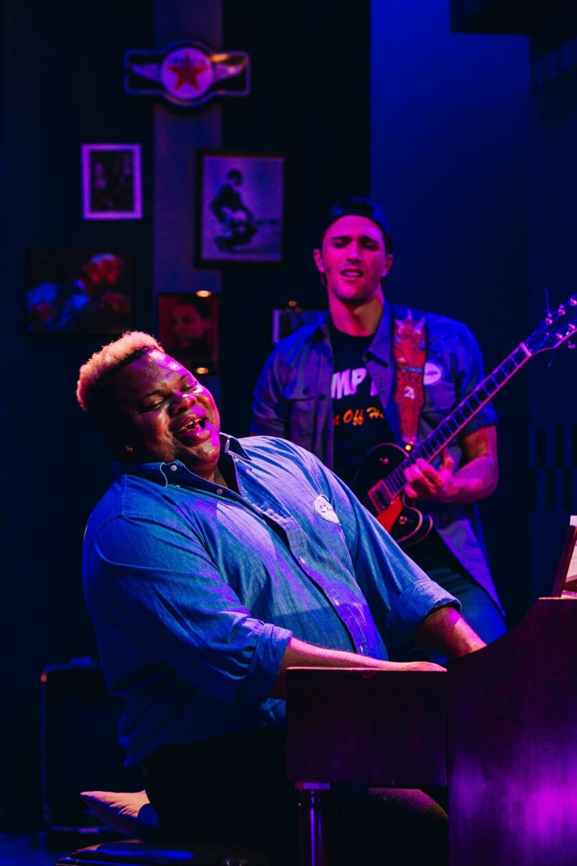 Frederick Harris and Billy Rude are shown in a scene from Porchlight Music Theatre’s “Pump Boys & Dinettes.”