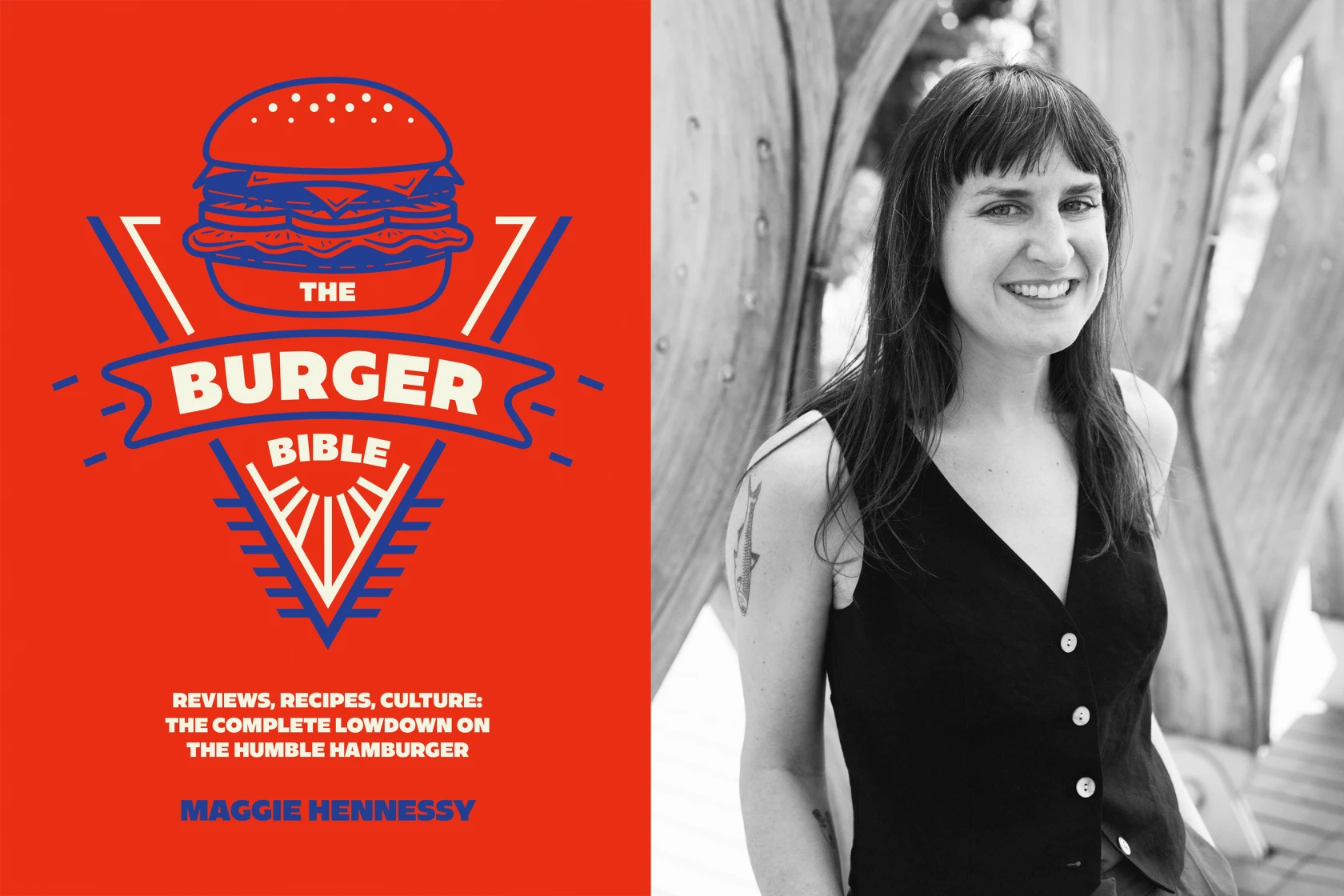 A photo of Maggie Hennessy and of the bright red boo cover for Burger Bible
