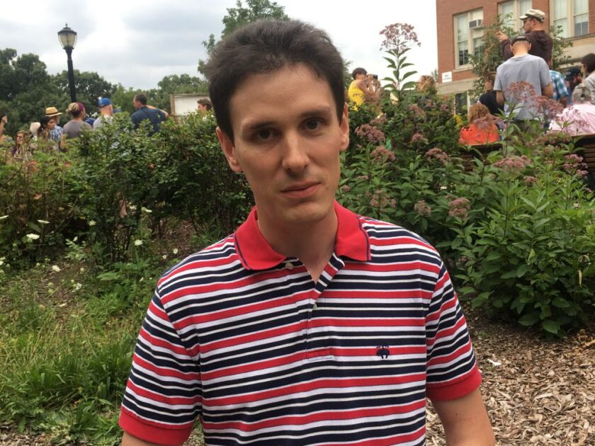 Stuart Lange woke up Saturday morning to find a message of hate written on his garage door in the Ravenswood Gardens neighborhood. | Mitch Dudek/Sun-Times