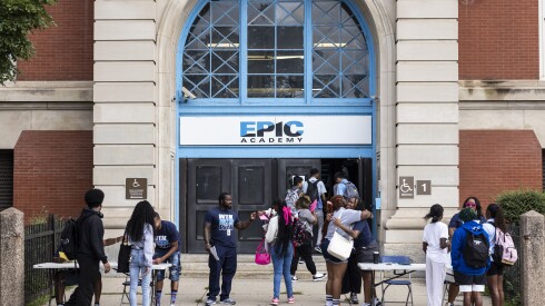 Students and parents arrive at Epic Academy High School at 8255 S. Houston Ave. on the South Side on the first day of school for Chicago Public Schools, Monday, Aug. 26, 2024. | Ashlee Rezin/Sun-Times