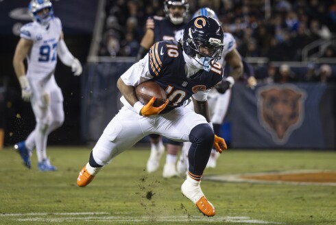 Chicago Bears wide receiver Luther Burden III #10 catches a pass during the third quarter against the Detroit Lions at Soldier Field, Sunday, Jan. 4, 2026.