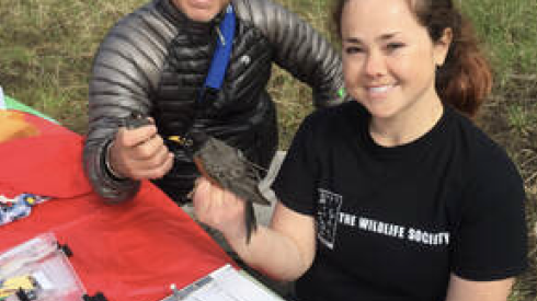 Bird researchers Emily Williams, at right, and Alex Jahn, at left.