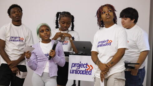 Team Trap presents their social media campaign during the presentation and judging of social media campaigns for Project Unloaded at the offices Havas Chicago at 24 E. Washington St. in the Loop, Thursday, July 30, 2026. Teams of students have developed original social media campaigns, complete with graphics, video, and copy, to educate their peers about the risks of gun ownership and encourage them not to own or use guns. | Anthony Vazquez/Sun-Times