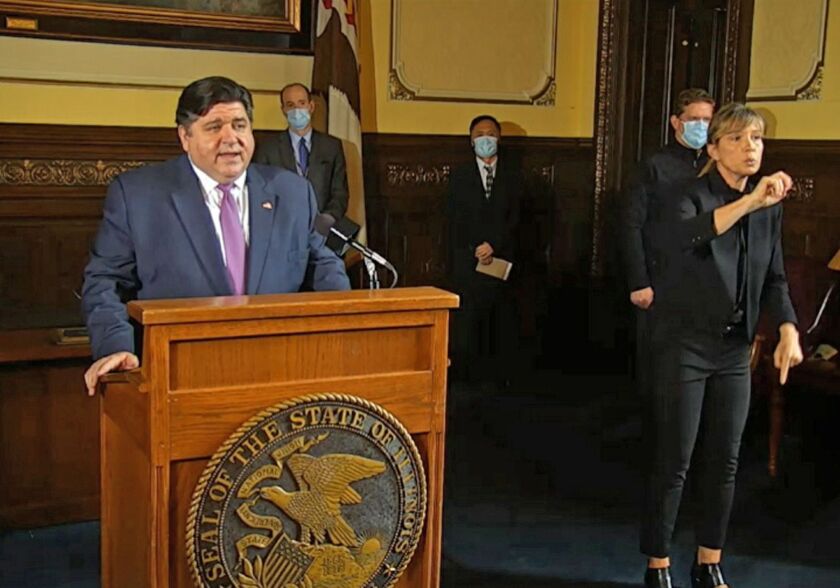 Illinois Gov. J.B. Pritzker speaks Wednesday during one of his regular updates on the pandemic’s impact on the state.
