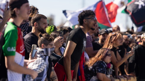 People attending Palestine Fest at Seat Geek Stadium on Sunday, Oct. 4, 2026 in Bridgeview protest against a demonstration organized by far-right activist Jake Lang outside the stadium.