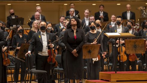 Mead composer-in-residence Jessie Montgomery acknowledges the audience following the world premiere performance of “Hymn for Everyone,” a CSO commission, Thursday night at Symphony Center.