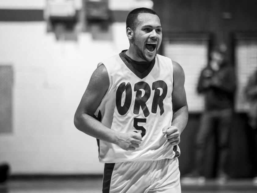 Orr Academy High School’s Brian Hernandez gets fired up during an away game against Curie Metropolitan High School, Feb. 15, 2017.