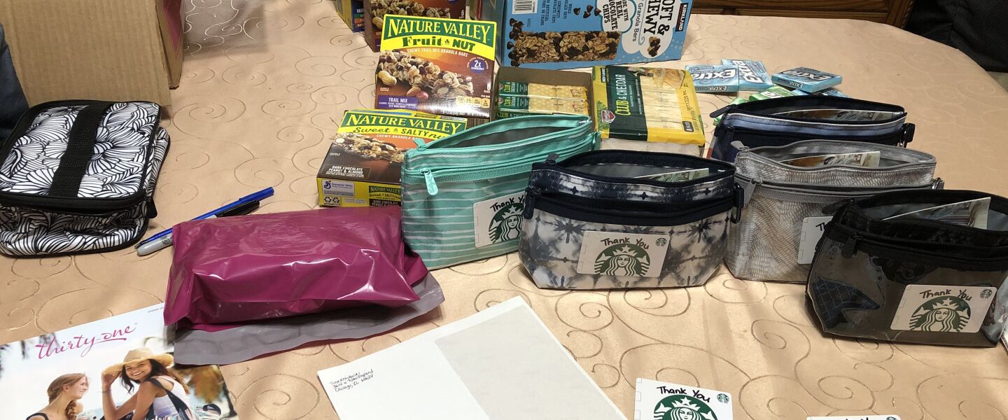 Some pouches that Tina Krajewski is putting together with the help of donations from family and friends as thank-yous for nurses and other medical professionals.