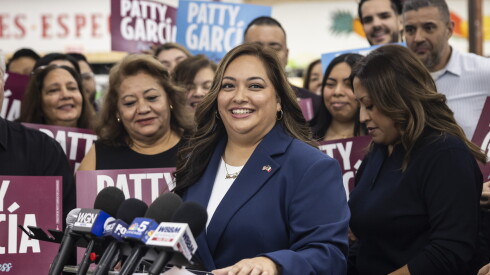 Patty García speaks during a news conference at Food Market La Chiquita in Cicero to announce her candidacy for the 4th District congressional race, Wednesday, Nov. 12, 2025. U.S. Rep. Jesus “Chuy” Garcia announced earlier this month that he would not seek reelection and endorsed his chief of staff, Patty Garcia, as his successor.