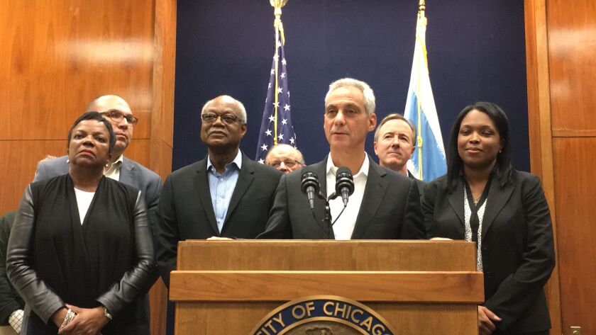 Mayor Rahm Emanuel is shown in October at an early morning news conference announcing that a contract agreement had been reached with the Chicago Teachers Union. | Sun-Times file photo